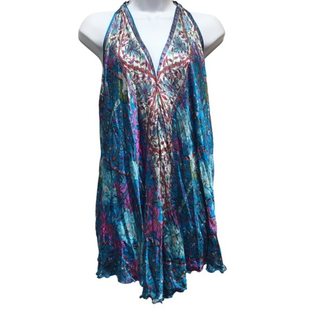 Handmade Floral Silky Halter Top Women's Small Blue Boho Festival Beach Hippie